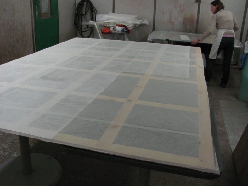 Fig.7. The wooden lattice frame for the Coronation Scot poster with layers of Japanese tissue being adhered