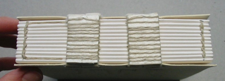 Fig. 8 SKCS 018 during treatment – small-scale model of the minute book showing securing stitch through first and last section