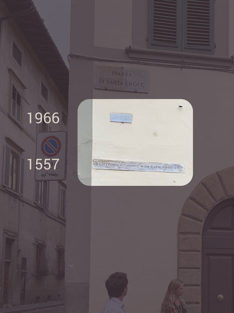 Close up of flood levels from 1557 and 1966. Photography by Pakhee Kumar; additional editing by The Book & Paper Gathering.