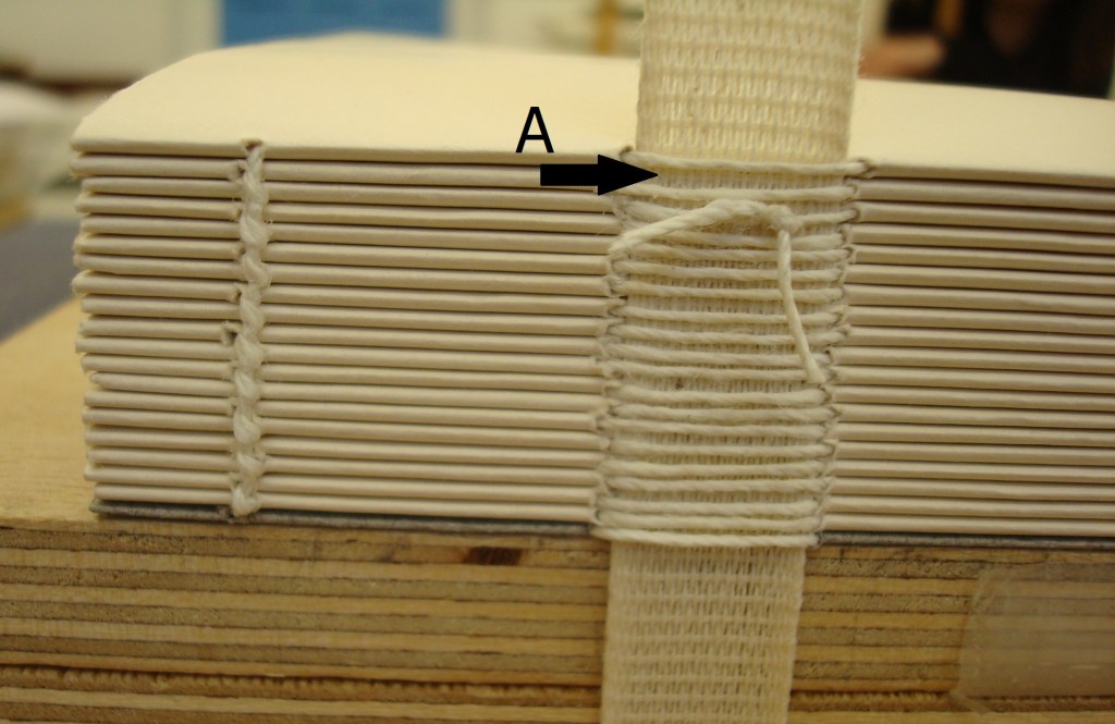 Photograph of book spine showing where high strain occurs in the gaps between threads, photography by Paula Steere