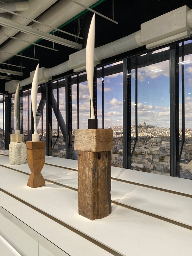 Brancusi's sculptures displayed with vistas of Paris in the background