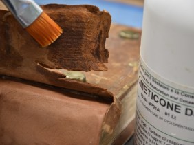 Application of cyclomethicone D5 on the flesh side. Photography by Viviana Molinari; courtesy of the Biblioteca San Francesco della Vigna di Venezia.