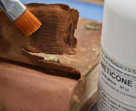 Application of cyclomethicone D5 on the flesh side. Photography by Viviana Molinari; courtesy of the Biblioteca San Francesco della Vigna di Venezia.