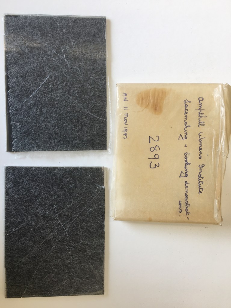 Cracked glass negatives stabilised with 5 gsm kozo/wheat starch paste remoistenable tissue adhered to the glass side using a barely damp cotton swab. Bedfordshire Archives BT Neg 2893B5 and 6. Photo by Alison Faden.