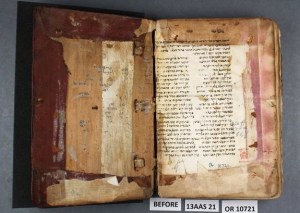 Left pastedown before conservation showing alum-tawed supports laced into boards and torn vellum