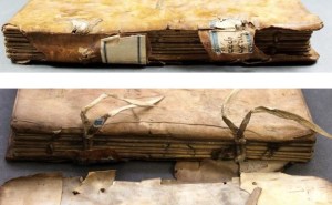 Damage at the spine. Bottom: Spine after releasing the supports from the left cover